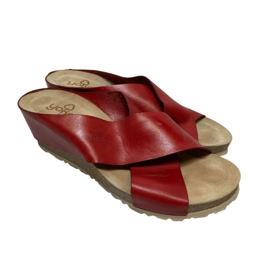 Yokono Sandals Womens 8 Candela Slide Crisscross Strap Wedge Heels Red Leather